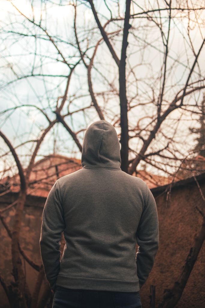 Individual wearing a gray hoodie stands outdoors, surrounded by bare trees in a winter setting.